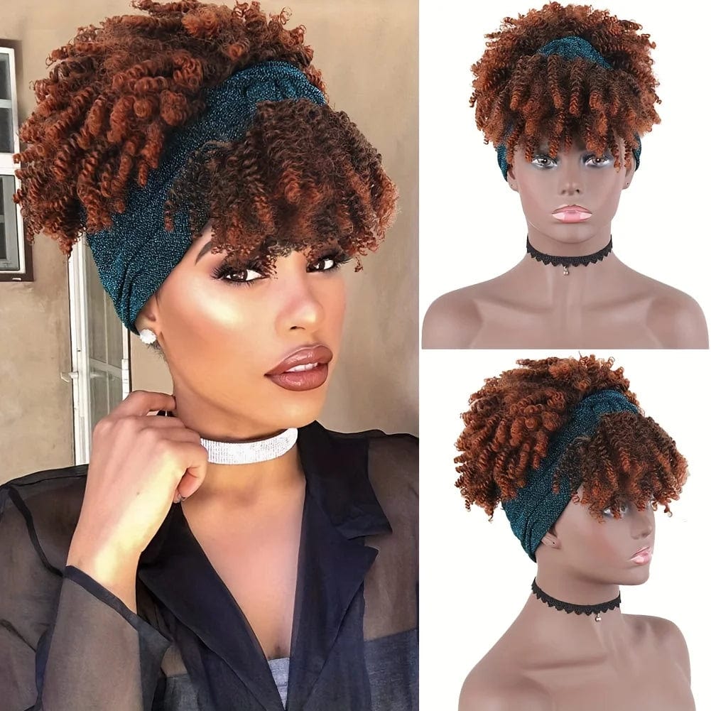 Afro Kinky Curly Headband Wig Short Curly Wig with Headband for Women Natural Synthetic Puff Curly Headband Wig with Bangs - SHOWLU FASHION STORE