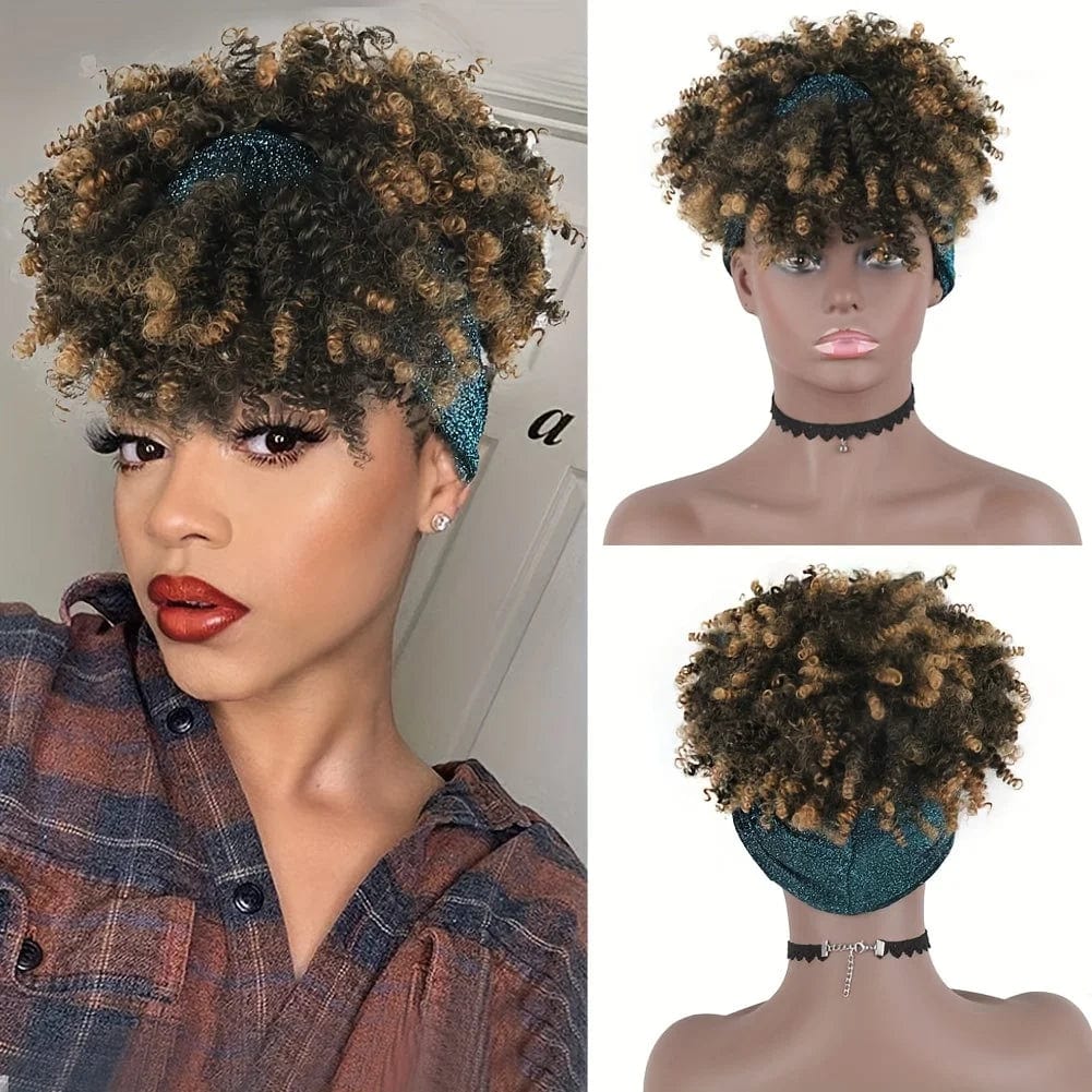 Afro Kinky Curly Headband Wig Short Curly Wig with Headband for Women Natural Synthetic Puff Curly Headband Wig with Bangs - SHOWLU FASHION STORE