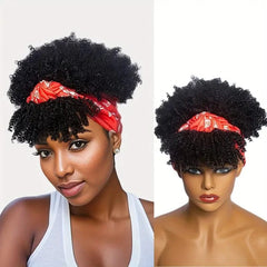 Afro Kinky Curly Headband Wig Short Curly Wig with Headband for Women Natural Synthetic Puff Curly Headband Wig with Bangs - SHOWLU FASHION STORE