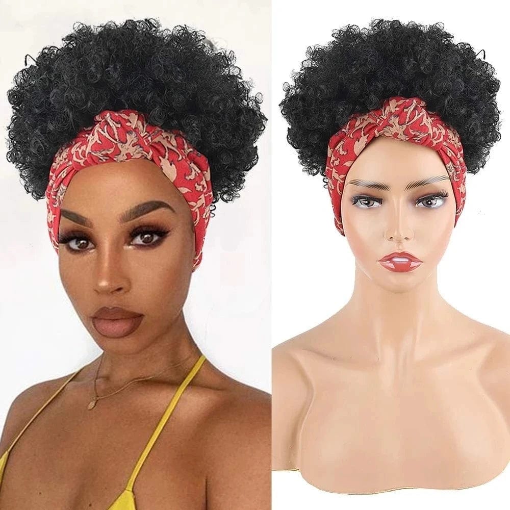 Afro Kinky Curly Headband Wig Short Curly Wig with Headband for Women Natural Synthetic Puff Curly Headband Wig with Bangs - SHOWLU FASHION STORE