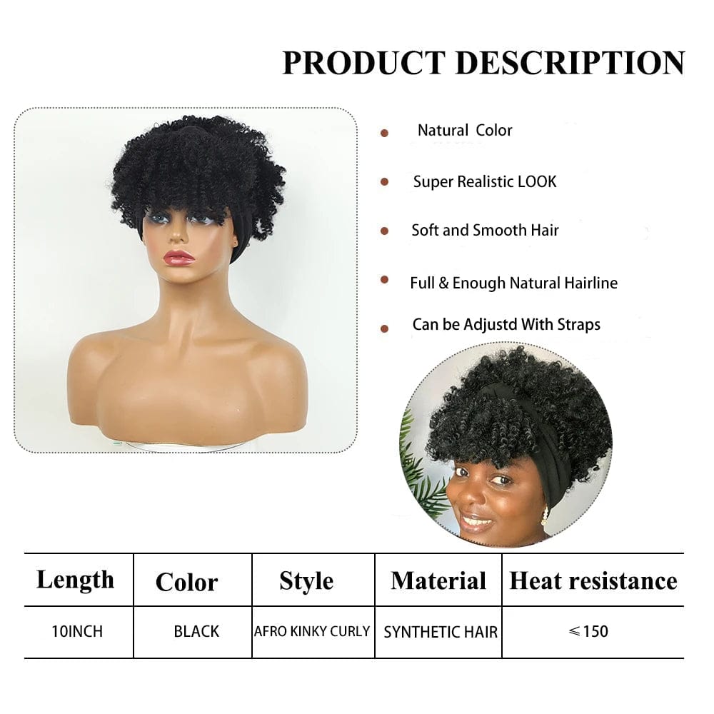 Afro Kinky Curly Headband Wigs Short Fluffy Curly Scarf Wig with Bangs Natural Synthetic Afro Curly Head Band Wig Cosplay - SHOWLU FASHION STORE