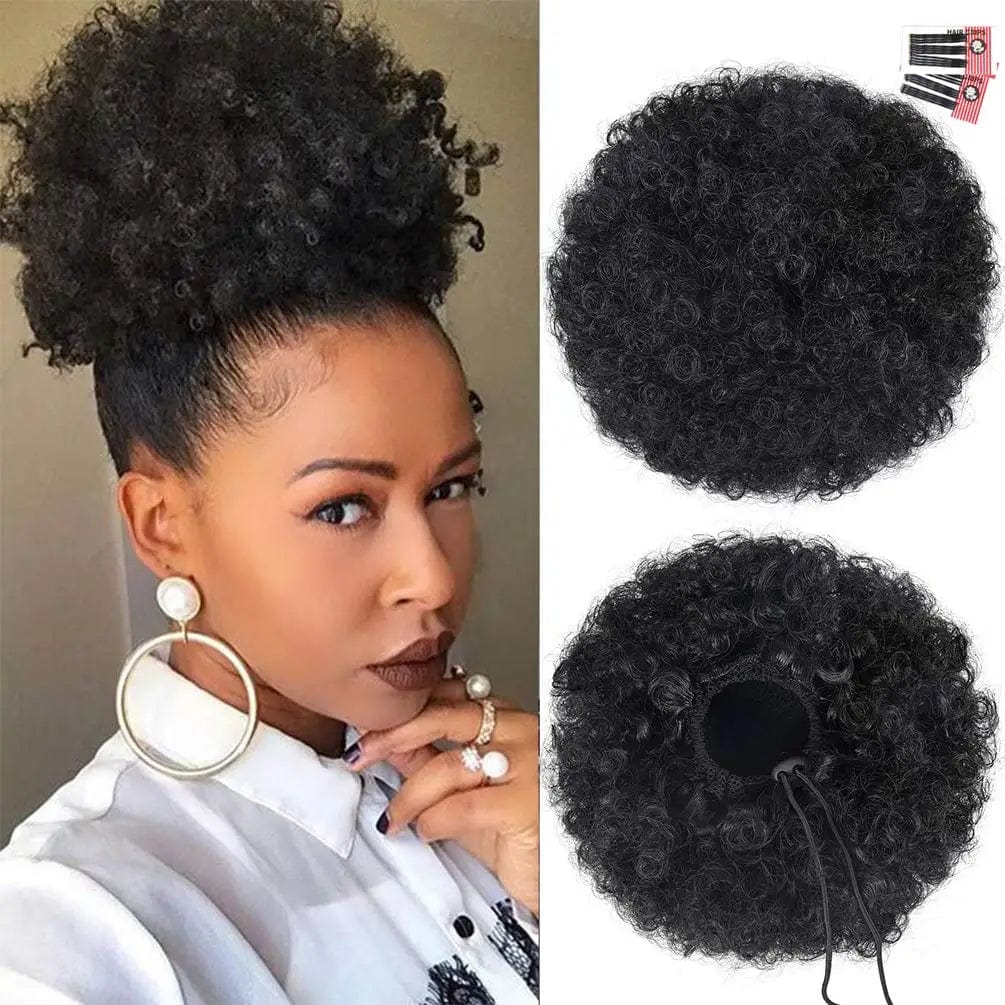 SHOWLU Afro Puff Drawstring Ponytail with kinky curly synthetic hair, styled as a short afro bun for black women.
