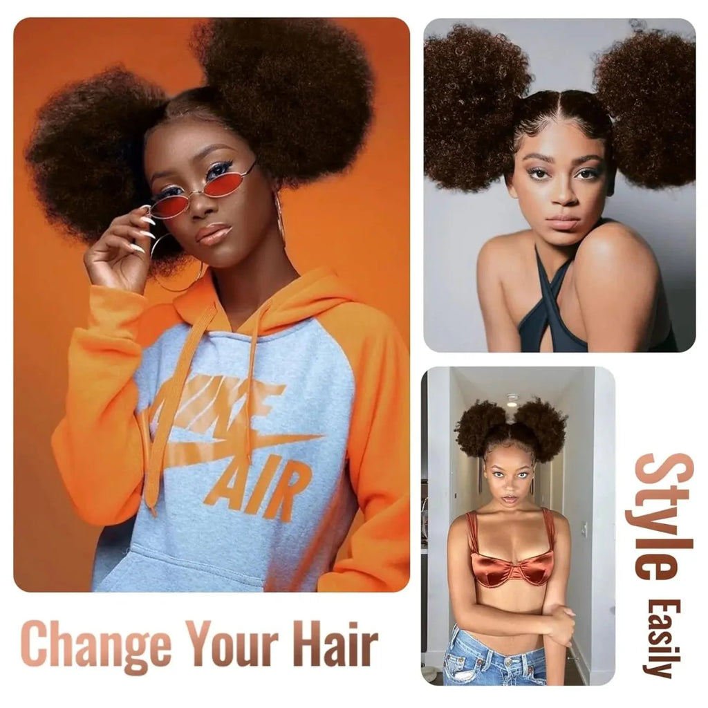 Kinky curly synthetic afro puff drawstring ponytail for black women, showing a short afro bun hairstyle.