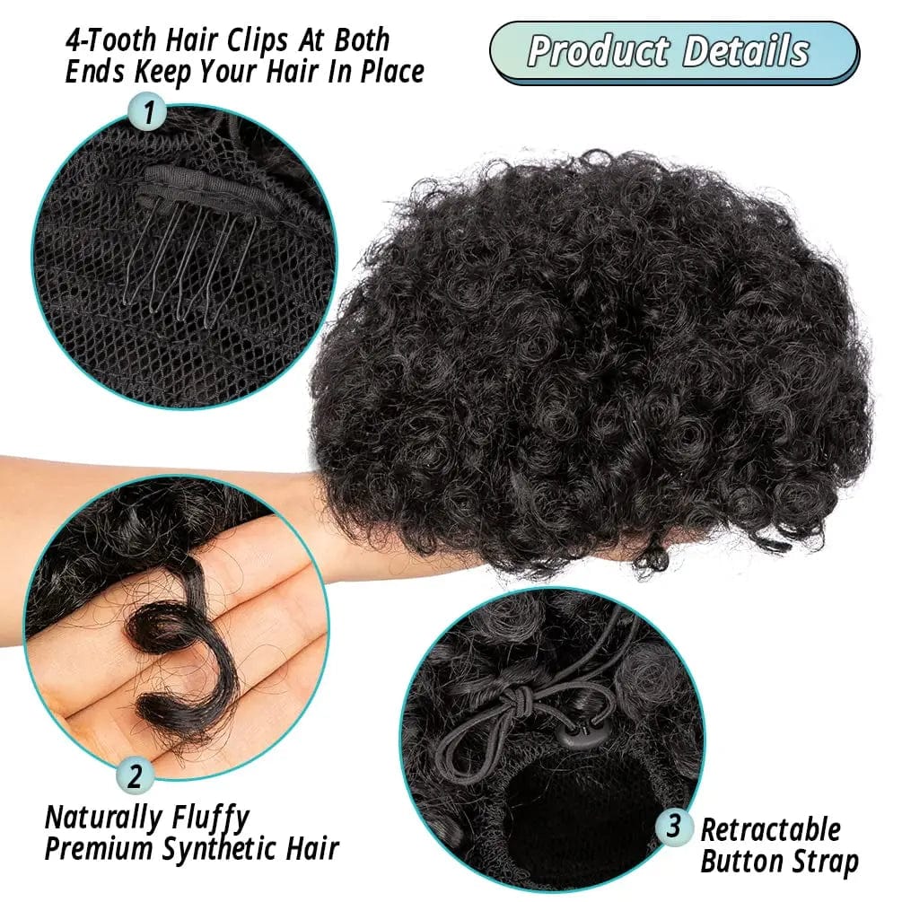 SHOWLU Afro Puff Drawstring Ponytail with kinky curly synthetic hair, styled as a short Afro bun for black women.