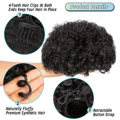A kinky curly afro puff ponytail with internal clips and a drawstring adjustment strap.