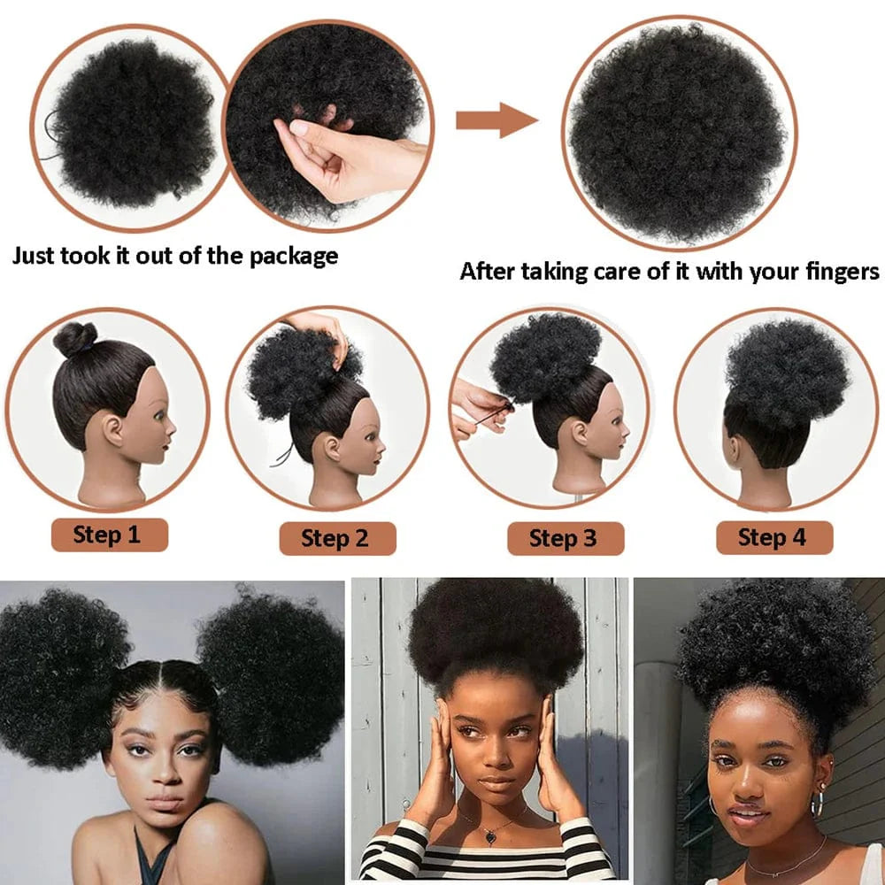 SHOWLU Afro Puff Drawstring Ponytail with kinky curly synthetic hair, styled as a short afro bun for black women.
