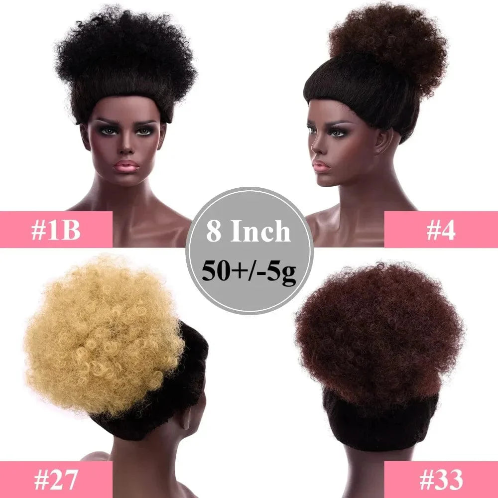 SHOWLU Afro Puff Drawstring Ponytail with kinky curly synthetic hair, styled as a short afro bun for black women.