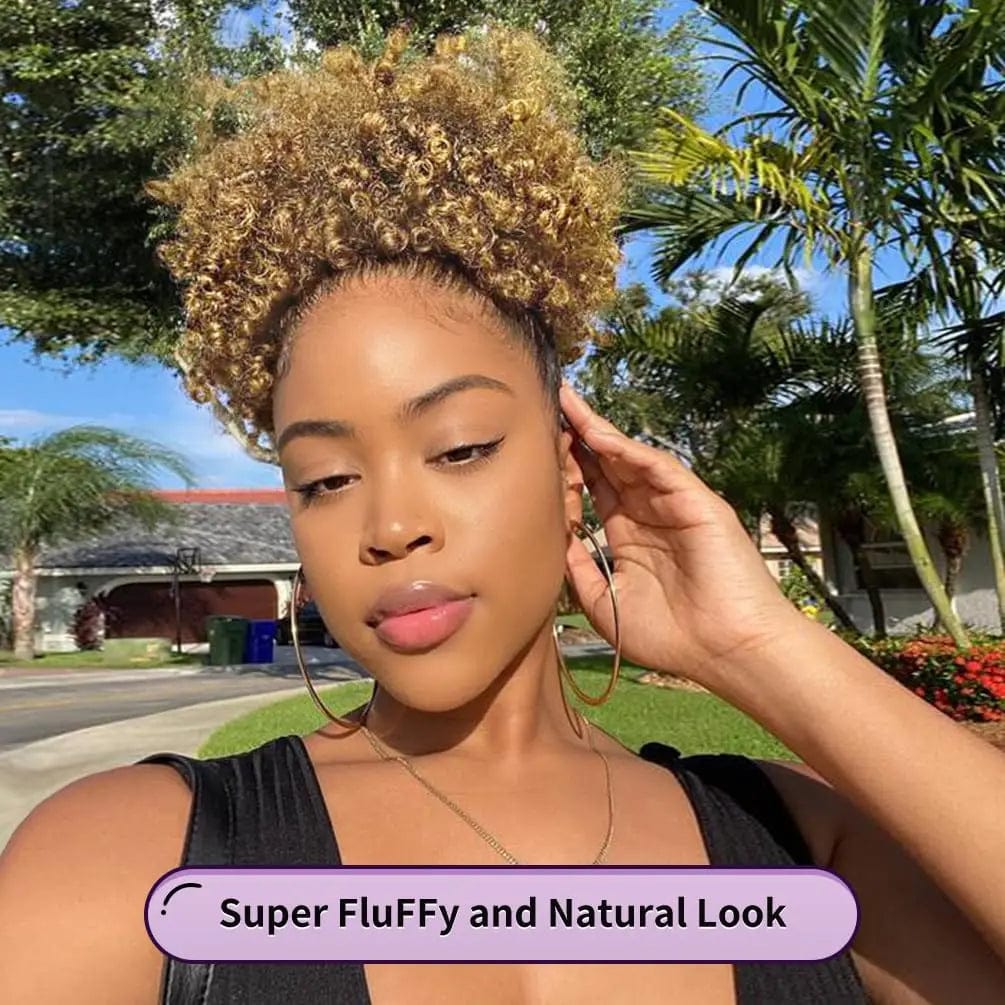 SHOWLU Afro Puff Drawstring Ponytail with kinky curly synthetic hair for black women, featuring a short afro bun style.