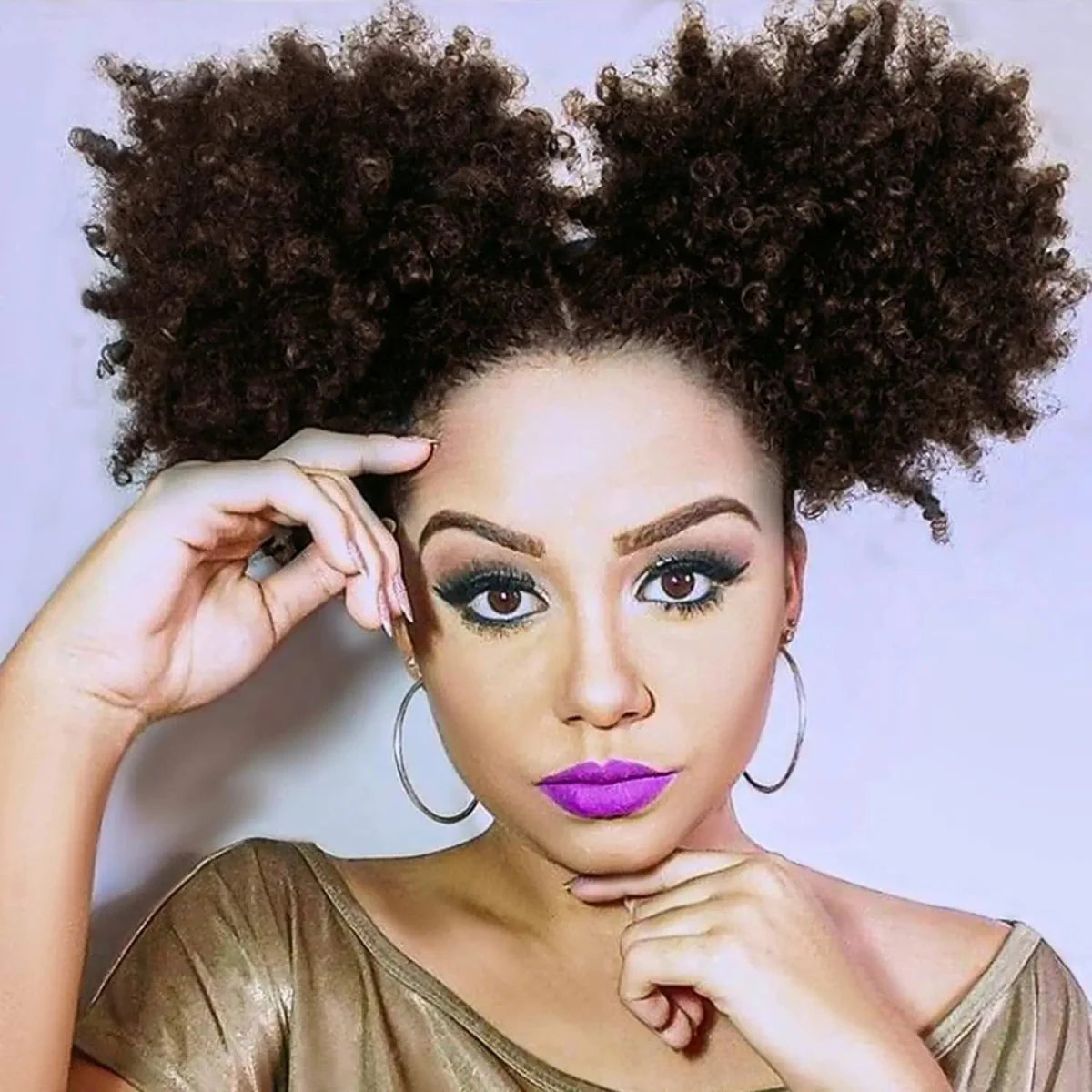 SHOWLU Afro Puff Drawstring Ponytail with kinky curly synthetic hair, styled as a short afro bun for black women.