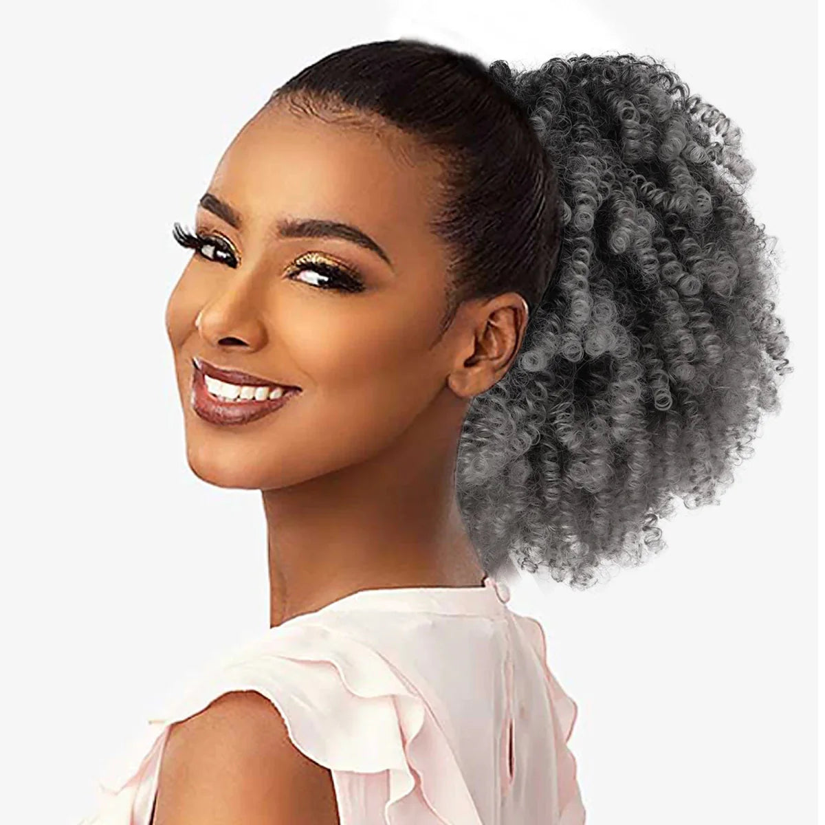 Showlu Afro Puff Kinky Curly Drawstring Ponytail extension for Black women, synthetic short afro hairstyle with curly texture.