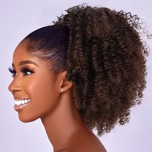 Showlu Afro Puff Kinky Curly Drawstring Ponytail, synthetic hair bun extension for black women with short kinky curly afro hair.