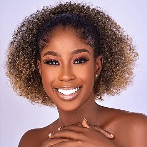 Showlu Afro Puff Kinky Curly Drawstring Ponytail synthetic hair bun for Black women, short kinky curly afro hairstyle extension.
