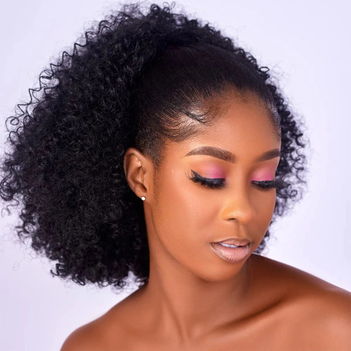Showlu Afro Puff Kinky Curly Drawstring Ponytail synthetic hair bun for black women, featuring short, kinky curly afro hairstyle.