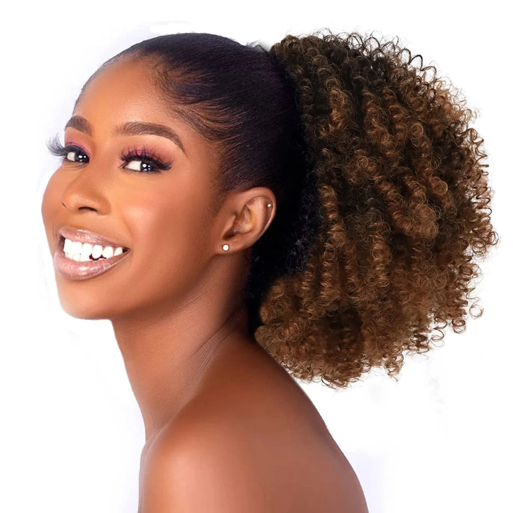 Showlu Afro Puff Kinky Curly Drawstring Ponytail synthetic hair bun for Black women, featuring a short afro-kinky curly style.