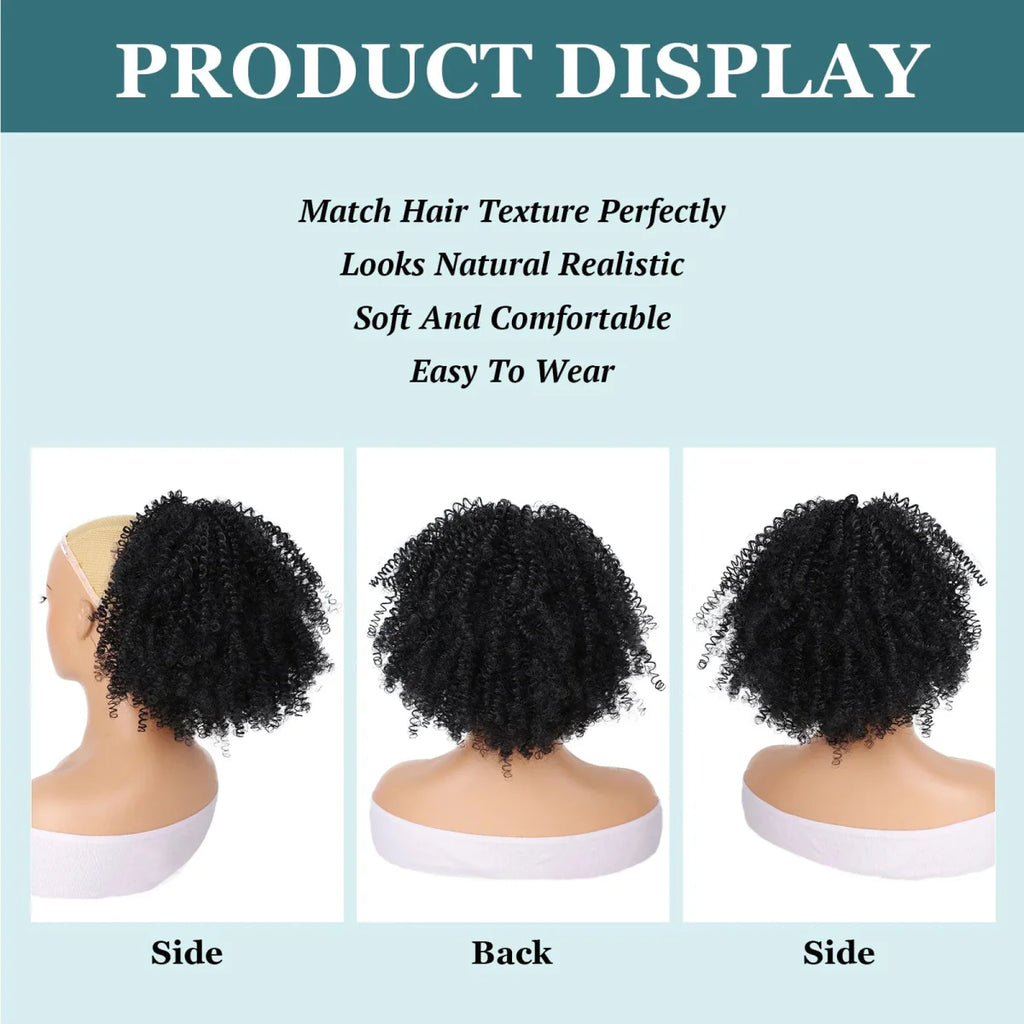 Showlu Afro Puff Kinky Curly Drawstring Ponytail extension for Black women, synthetic short afro hair bun with curly texture.