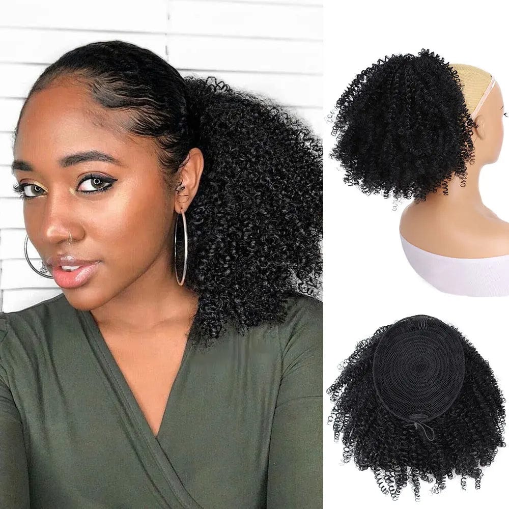Showlu Afro Puff Kinky Curly Drawstring Ponytail synthetic hair bun for black women, natural kinky curly afro hairstyle extension