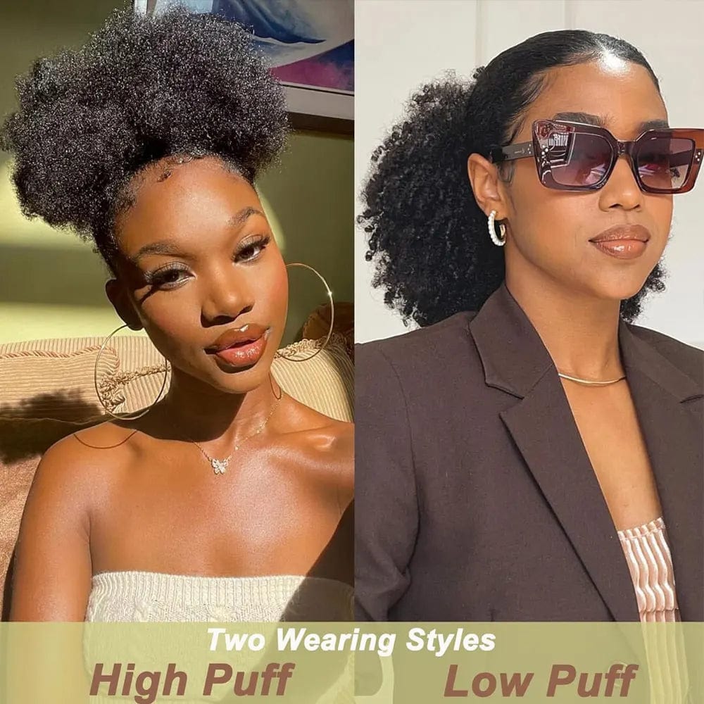 Showlu Afro Puff Kinky Curly Drawstring Ponytail extension for black women, synthetic short afro hairstyle with curly texture.