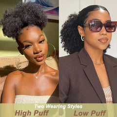 A model demonstrates the kinky curly afro puff drawstring ponytail in high and low styles.