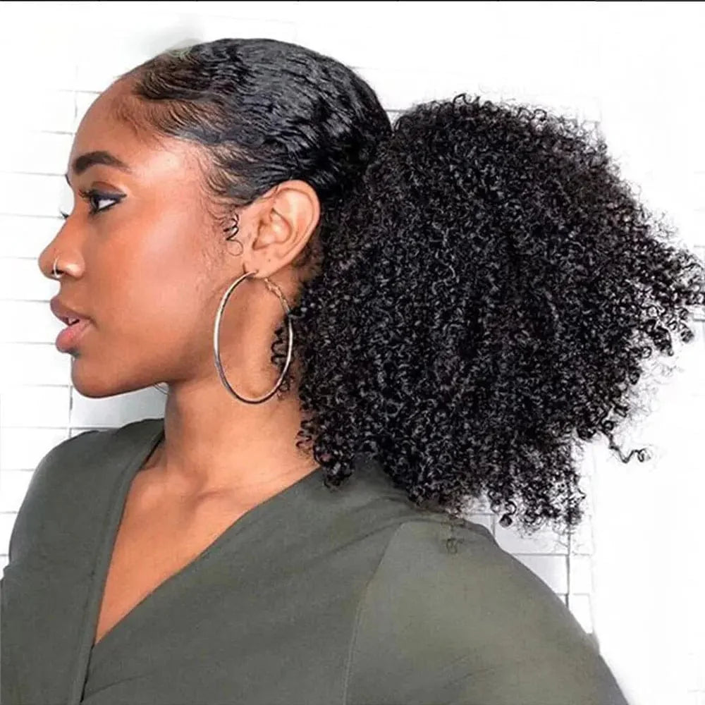Showlu Afro Puff Kinky Curly Drawstring Ponytail, synthetic hair bun extension for black women with short kinky curly afro hairstyle