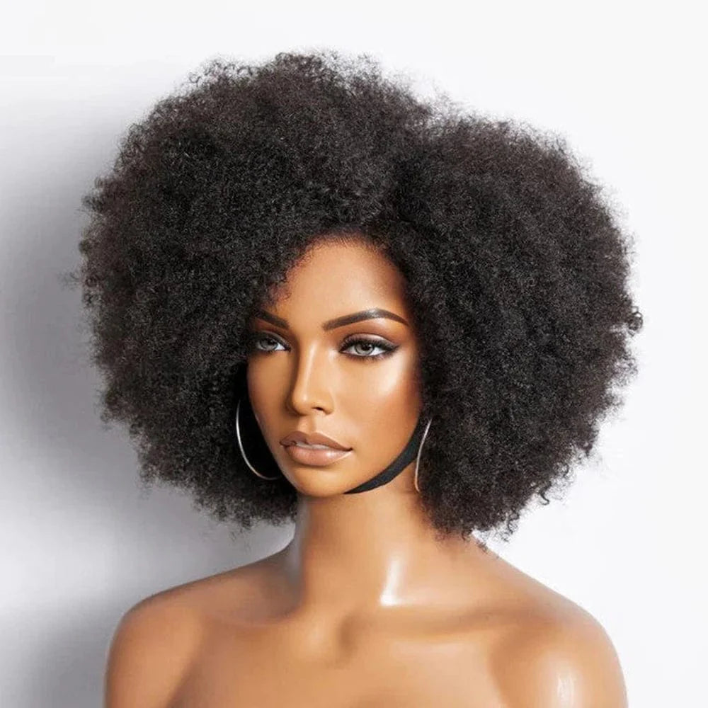 Idoli Kinky Curly Afro Wig by SHOWLU FASHION STORE featuring a 13x4x2 HD lace front, natural black human hair bob.