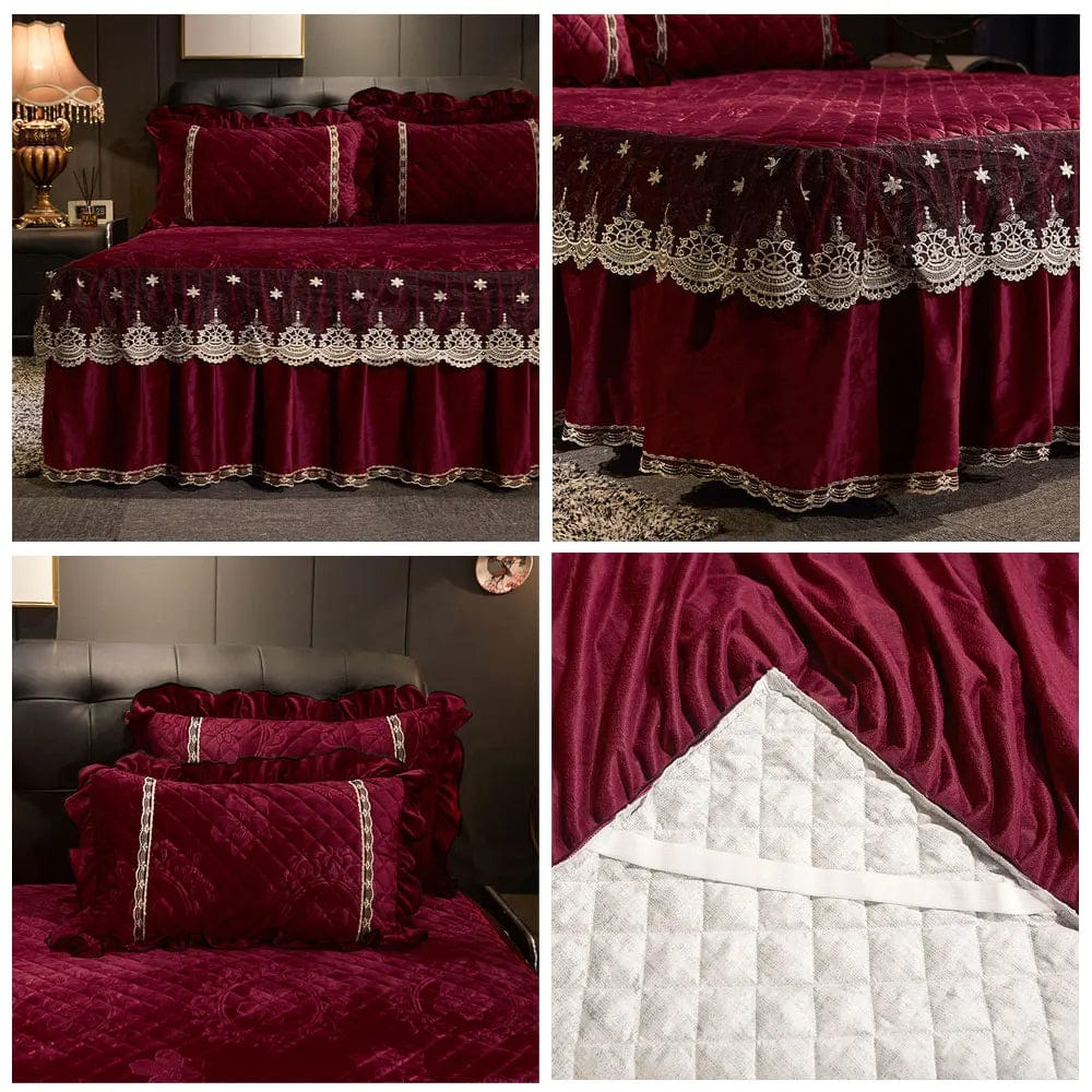 Ai·Winsure embroidery lace velvet bedspread 3-piece quilted bedskirt set, soft queen and king size bedding with ruffle detailing.