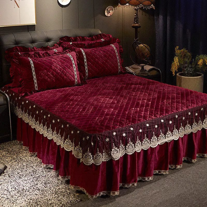 SHOWLU FASHION STORE Ai·Winsure embroidery lace velvet bedspread 3-piece quilted bedskirt set for queen or king size beds