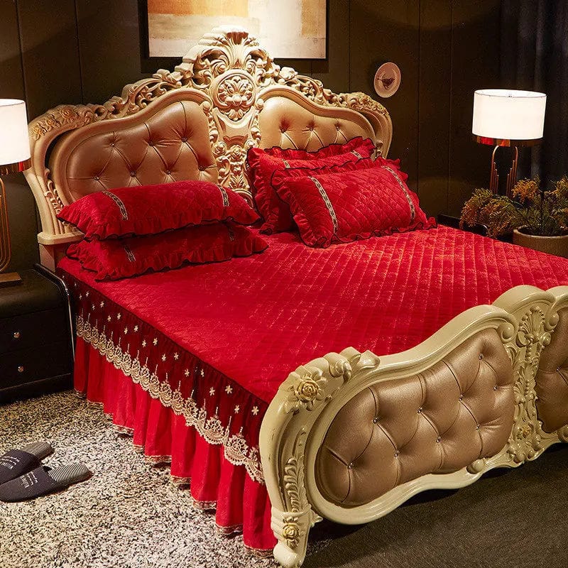 Ai·Winsure velvet quilted bedspread with embroidery and lace, queen-size 3-piece bedskirt set for elegant bedroom decor