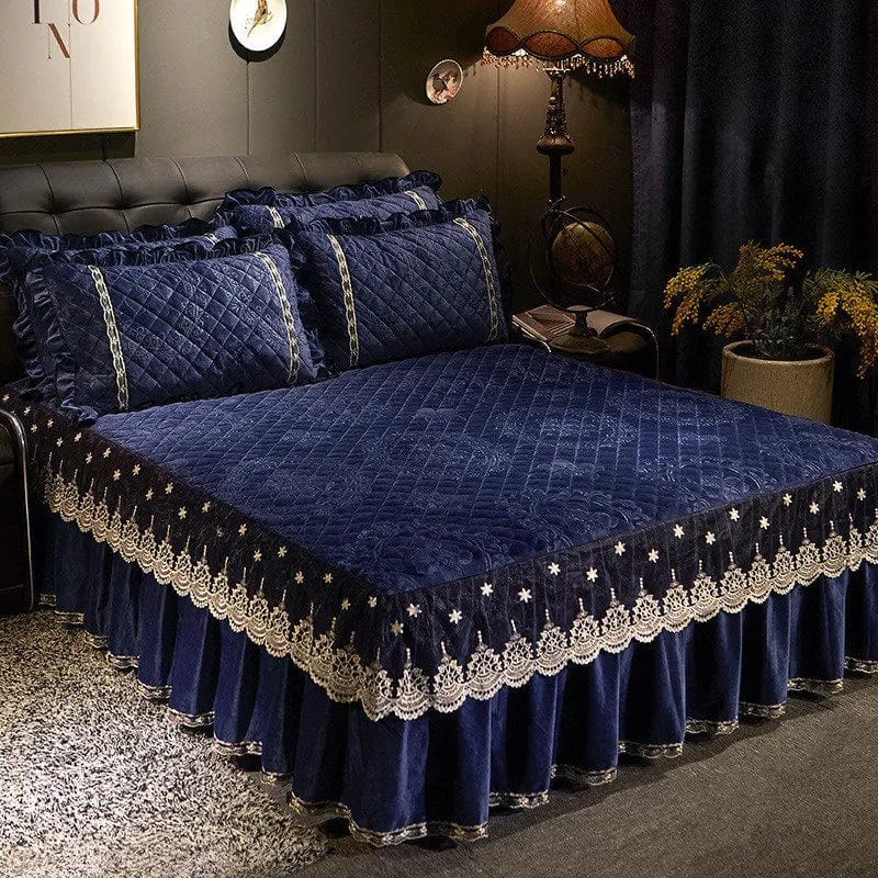 Ai·Winsure embroidery lace velvet bedspread 3-piece quilted bedskirt set with ruffle details and embossed design for queen or king beds.