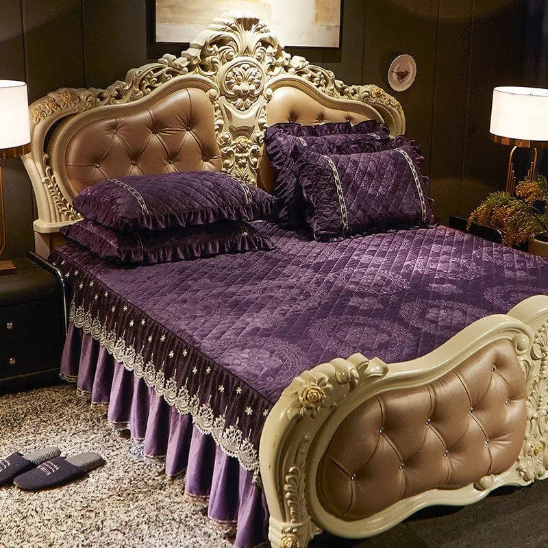 Ai·Winsure embroidery lace velvet bedspread 3-piece quilted bedskirt set with ruffle and embossed details for queen and king beds.
