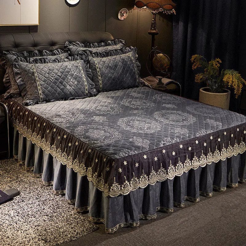 AI·Winsure embroidery lace velvet bedspread 3-piece quilted bedskirt set with ruffles for queen or king beds, soft and elegant bedding.