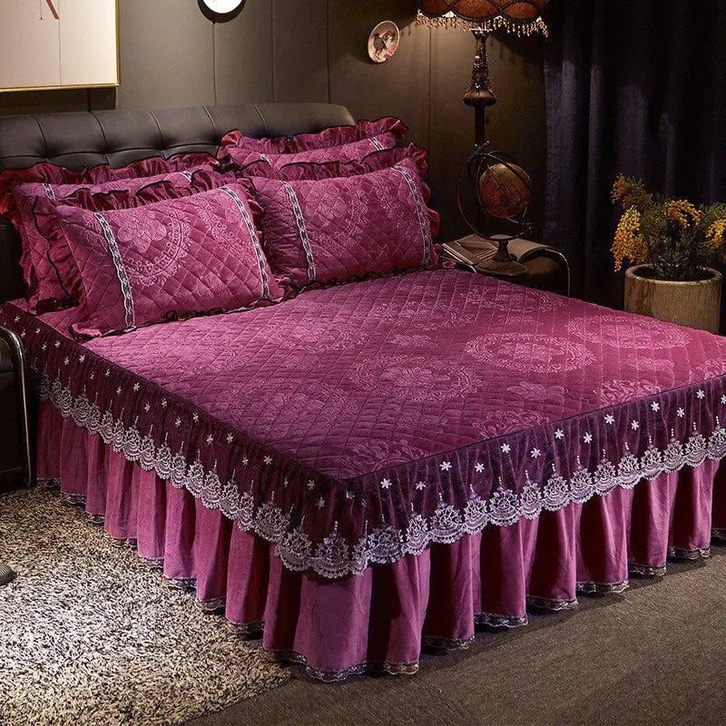 Ai·Winsure embroidery lace velvet bedspread 3-piece quilted bedskirt set with soft ruffles for queen or king size beds.