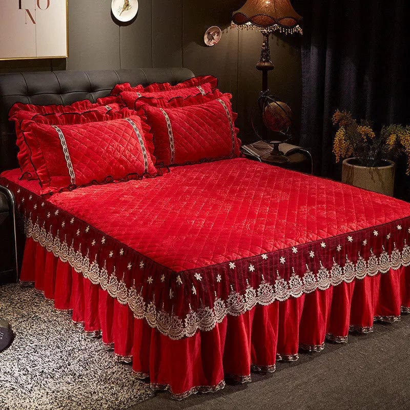 SHOWLU FASHION STORE Ai·Winsure embroidery lace velvet bedspread 3-piece quilted bedskirt set for queen or king size beds