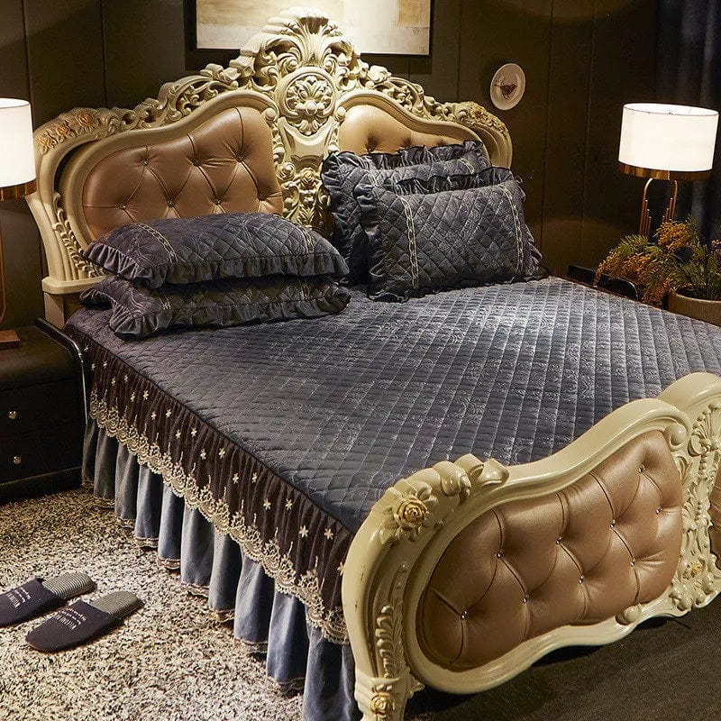 Ai·Winsure embroidery lace velvet bedspread 3-piece quilted bedskirt set with ruffle accents for queen and king beds.
