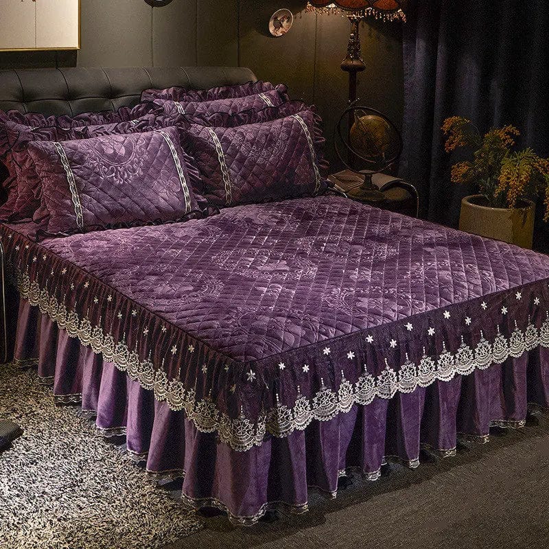 SHOWLU FASHION STORE Ai·Winsure embroidery lace velvet bedspread 3-piece quilted bedskirt set for queen and king beds.