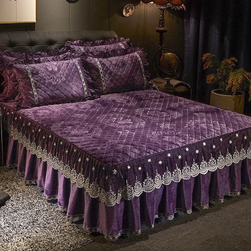 AI WINSURE - Embroidery Lace Velvet Bedspread, Ruffle, Queen, Double Embossed, Quilted Bed Cover, King Bedskirt Set, Soft, 3Pcs - SHOWLU FASHION STORE