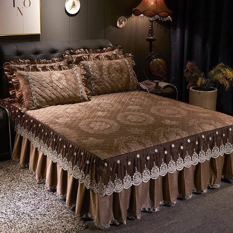 SHOWLU FASHION STORE Ai·Winsure embroidery lace velvet bedspread 3-piece quilted bedskirt set for queen or king size beds