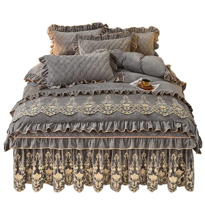 European velvet duvet cover set by Ai·Winsure featuring quilted, embroidered design and removable bed skirt for luxurious bedding.