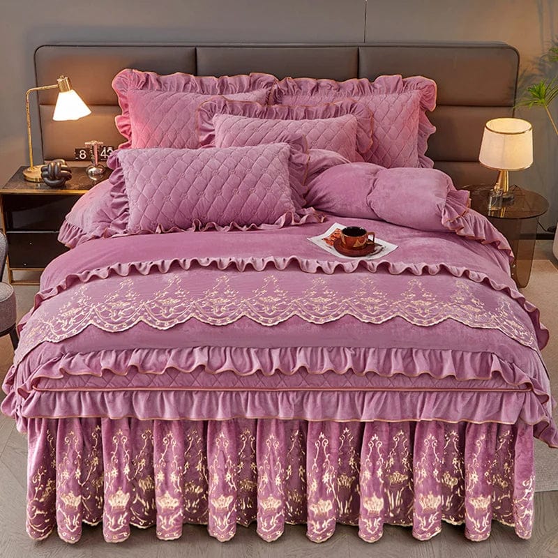 European velvet duvet cover set by Ai·Winsure featuring quilted, embroidered design and removable bed skirt for luxurious bedroom decor