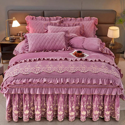 European velvet duvet cover set by Ai·Winsure featuring quilted, embroidered design and removable bed skirt for luxurious bedroom decor