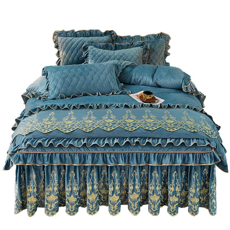 European velvet duvet cover set by Ai·Winsure featuring quilted embroidery, removable bed skirt, and luxurious linen fabric.