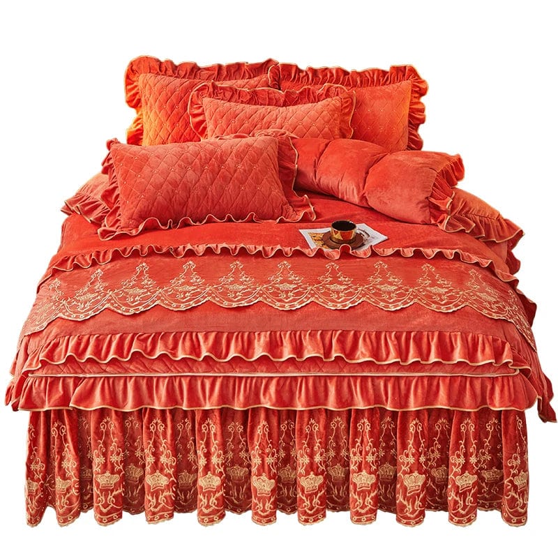 European velvet duvet cover set by Ai·Winsure featuring quilted embroidery, removable bed skirt, luxurious linen bedding for queen size.