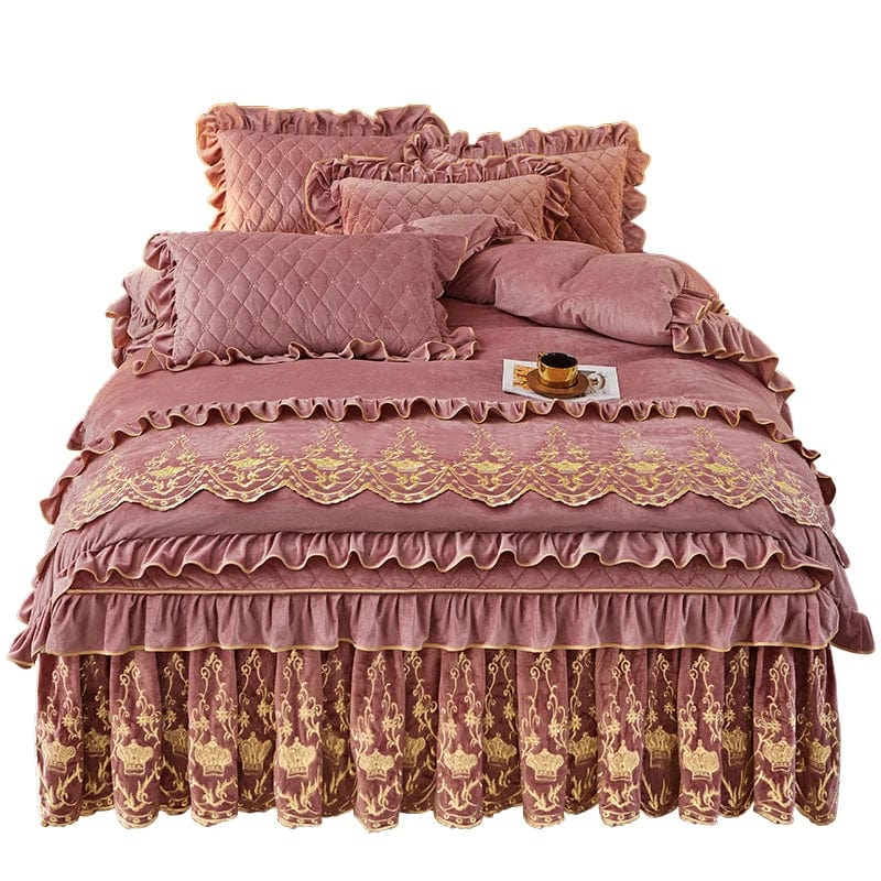 European velvet duvet cover set by Ai·Winsure featuring quilted embroidery, removable bed skirt, luxurious linen bedding for queen size.