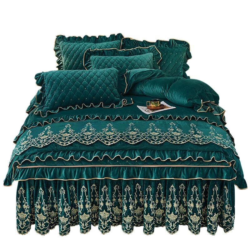 European velvet duvet cover set by Ai·Winsure featuring quilted, embroidered design with a removable bed skirt for luxurious bedding.