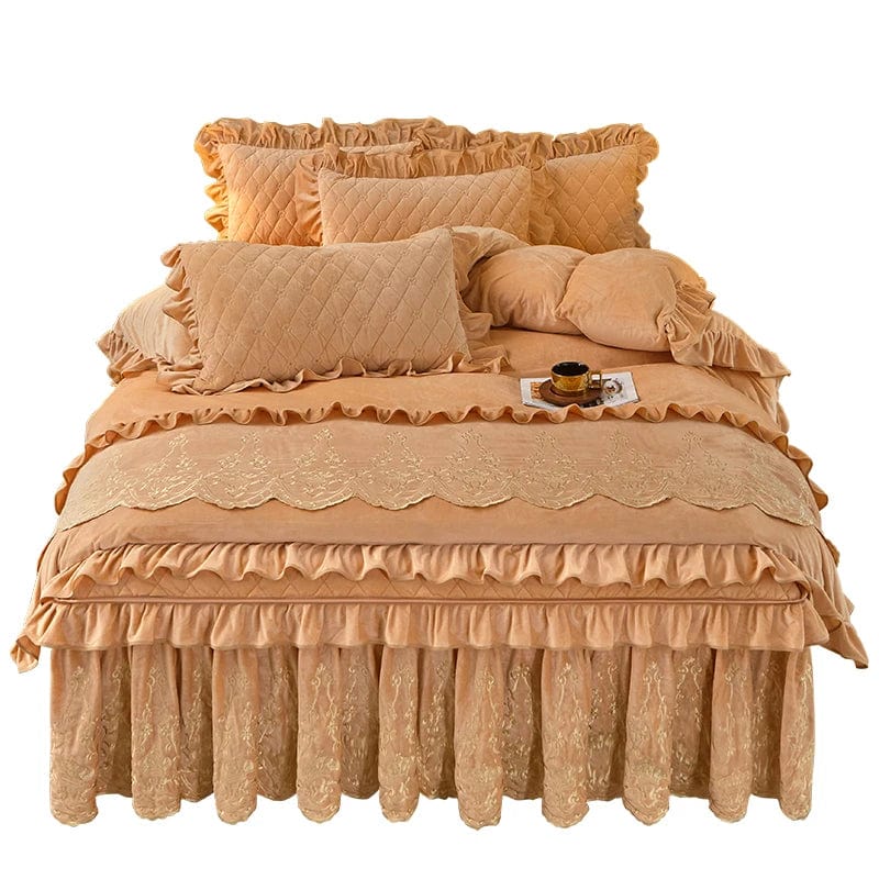 European velvet duvet cover set by Ai·Winsure featuring quilted embroidery, removable bed skirt, and luxurious linen bedding for queen size.