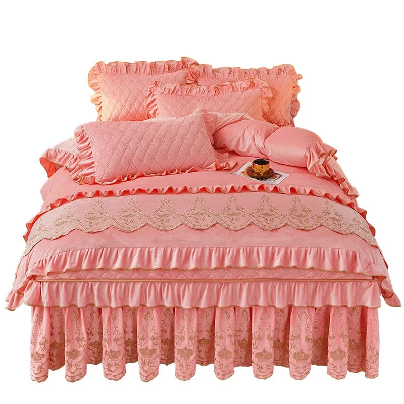 European velvet duvet cover set by Ai·Winsure featuring quilted, embroidered design, removable bed skirt, luxurious linen bedding for queen size bed