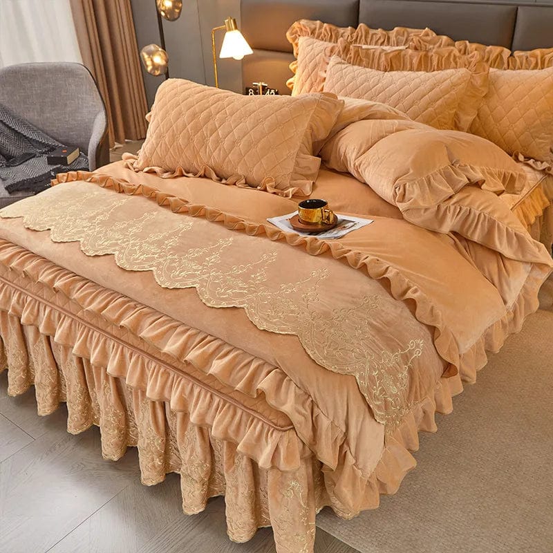 European velvet duvet cover set by Ai·Winsure featuring quilted, embroidered design and removable bed skirt for luxurious bedding.