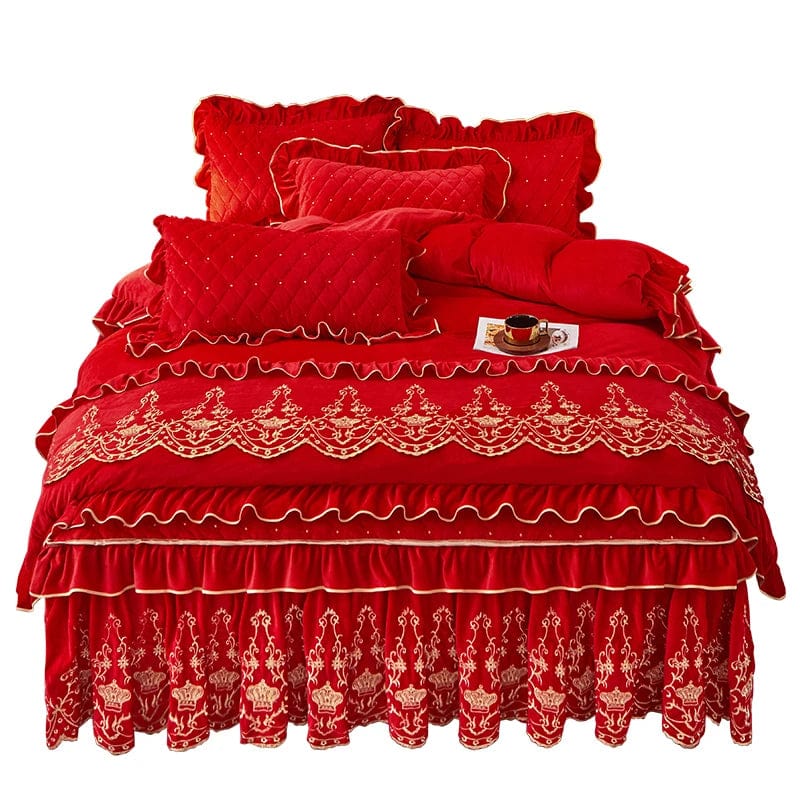 European velvet duvet cover set by Ai·Winsure featuring quilted embroidery, removable bed skirt, luxurious linen bedding for queen size bed