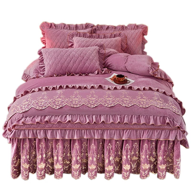 European velvet duvet cover set by Ai·Winsure featuring quilted textured bedding with embroidered details and removable bed skirt.