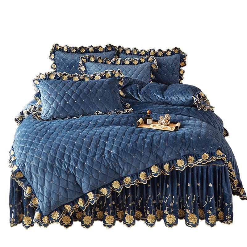 AI WINSURE - Luxury Embroidery Velvet Bedding Set, Quilted Skirted Bedspread with 2 Pillowcases, Queen Double Bed Duvet Cover, 4PC - SHOWLU FASHION STORE