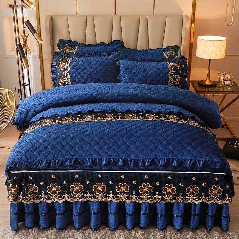 Velvet bedding set by Ai·Winsure featuring quilted design, lace duvet cover, bed skirt, and two pillowcases for queen or king size bed